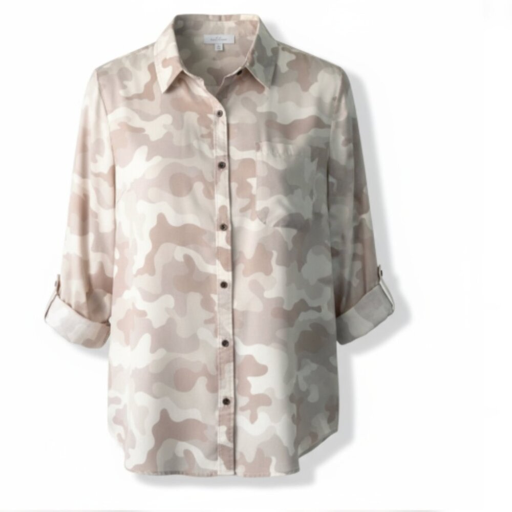 New Directions Women's Shirt 2XL Tan White Camo Button Up Roll Tab Long Sleeve
